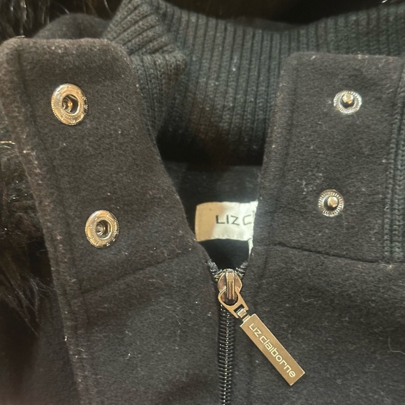 Liz Claiborne Black Wool Blend Coat Faux Fur Hood Fully Lined Jacket Size XL EUC - Picture 7 of 14